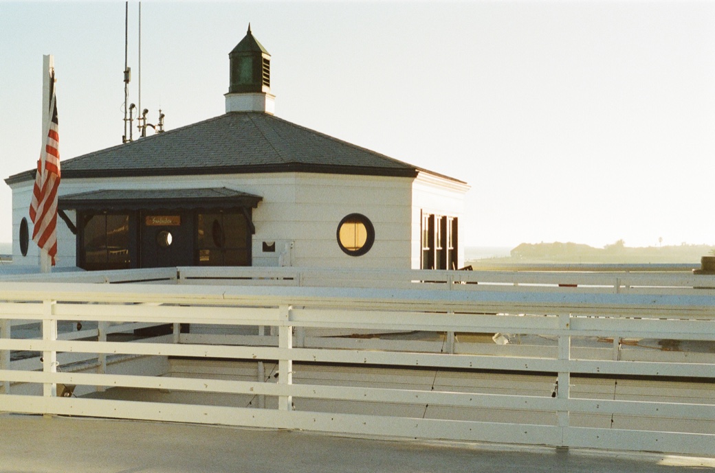 Malibu Pier roof and flag in morning light